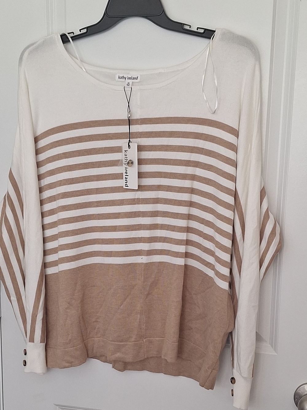 Kathy Ireland Striped Boatneck Sweater Top in Cream and Tan Size 3X